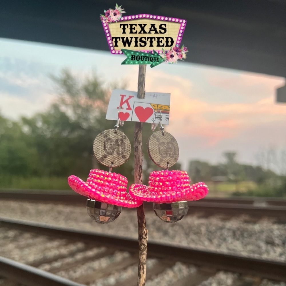 Bougie Cowgirl Hat Disco Ball Earrings | Hot Pink